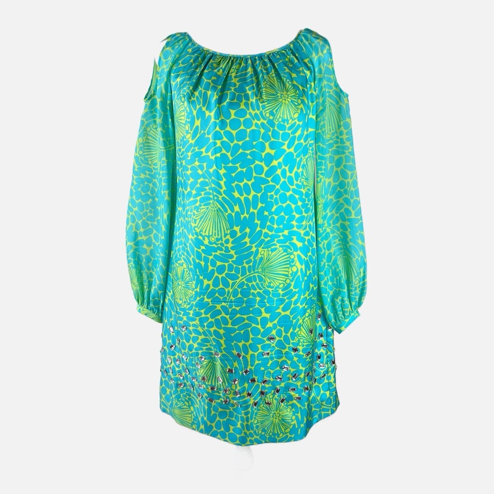 LILLY PULITZER 100%‎ Silk Rhinestone Detail Cold Shoulder Balloon Sleeve Size 0